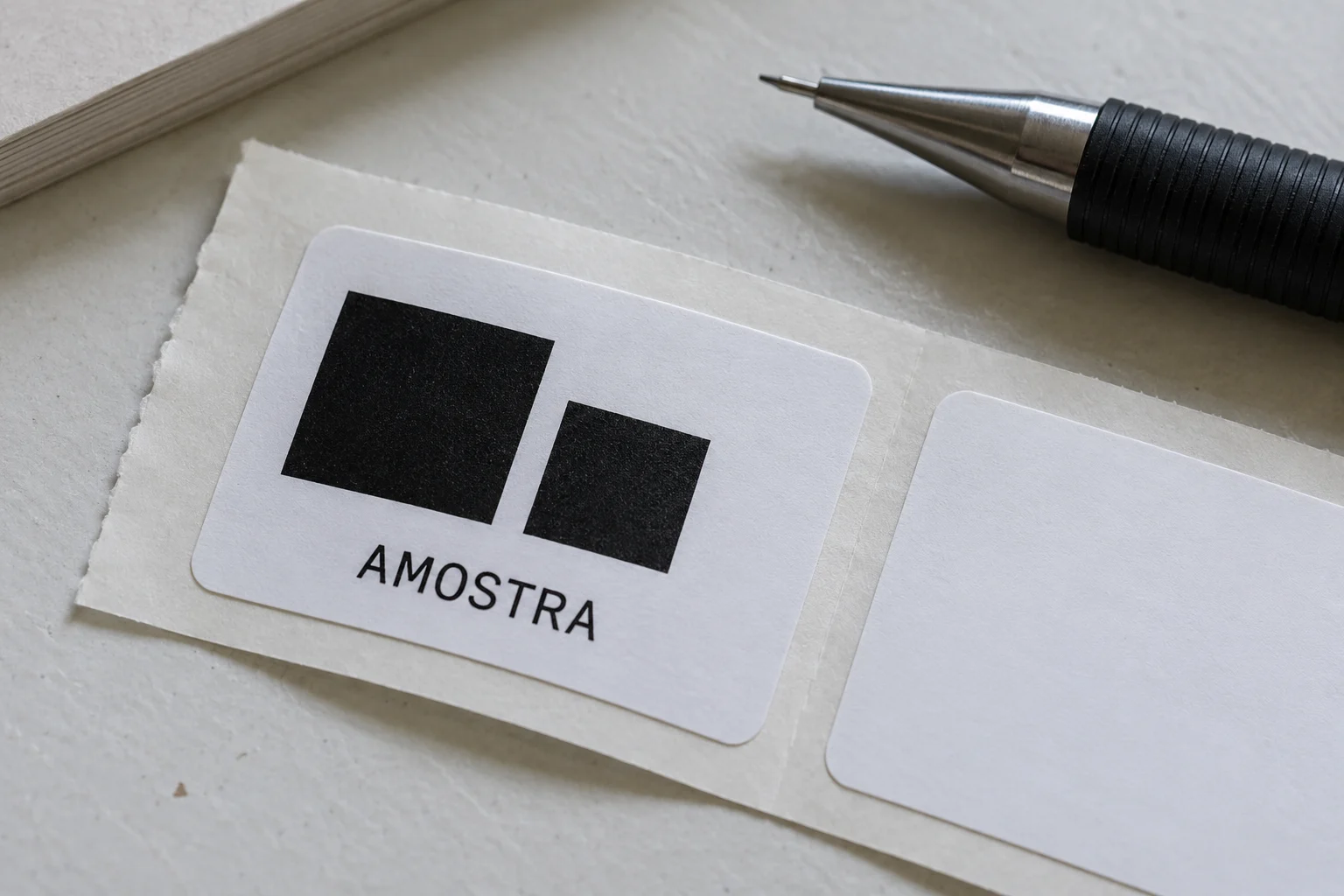 Etiqueta com impressão simples de amostra sobre o suporte em uma bancada
