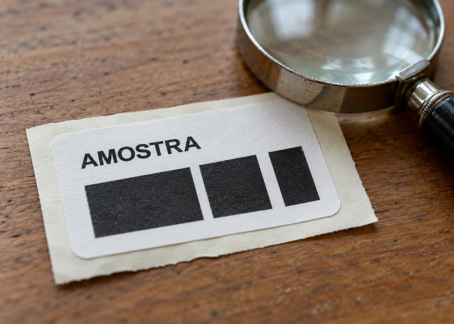 Amostra de impressão com áreas pretas e uma lupa sobre a bancada