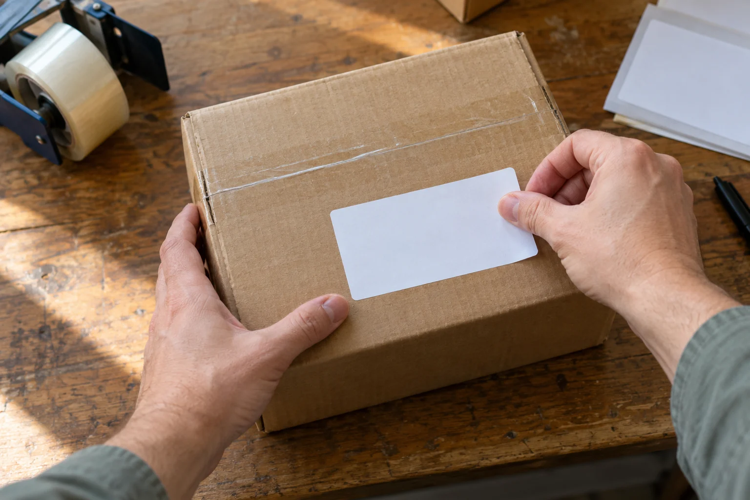 Aplicação manual de uma etiqueta sobre uma área plana de uma caixa de papelão