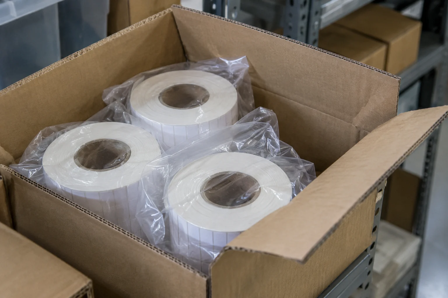 Rolos de etiquetas protegidos por embalagens dentro de uma caixa.