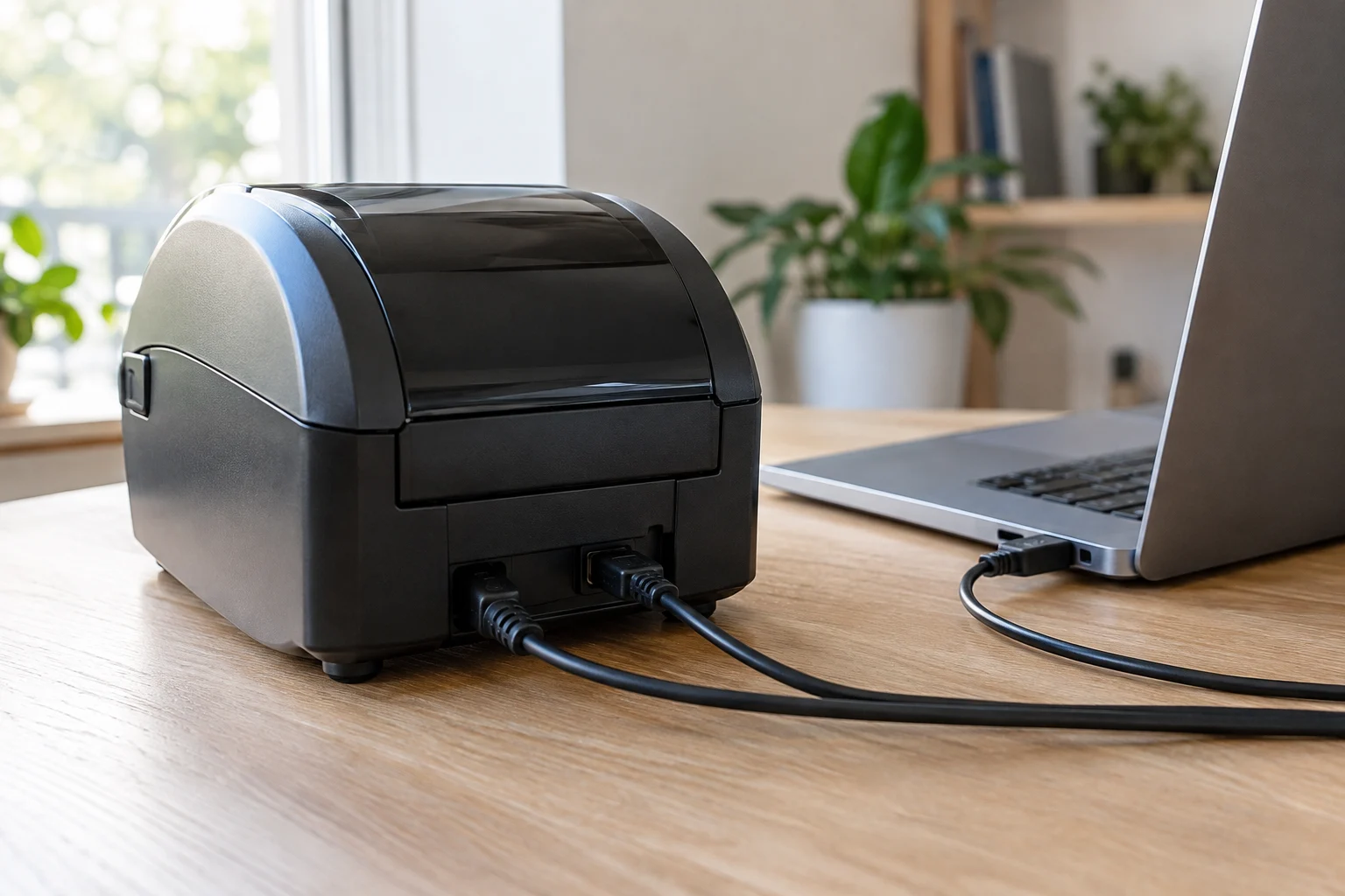 Impressora de etiquetas conectada por cabo a um computador em uma bancada