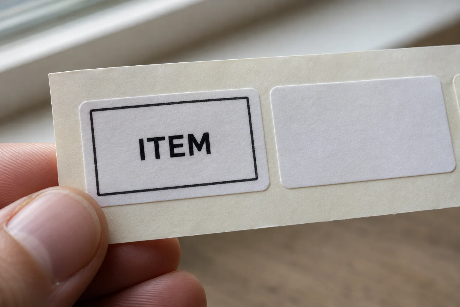 Detalhe de uma pequena etiqueta de amostra com texto e contorno