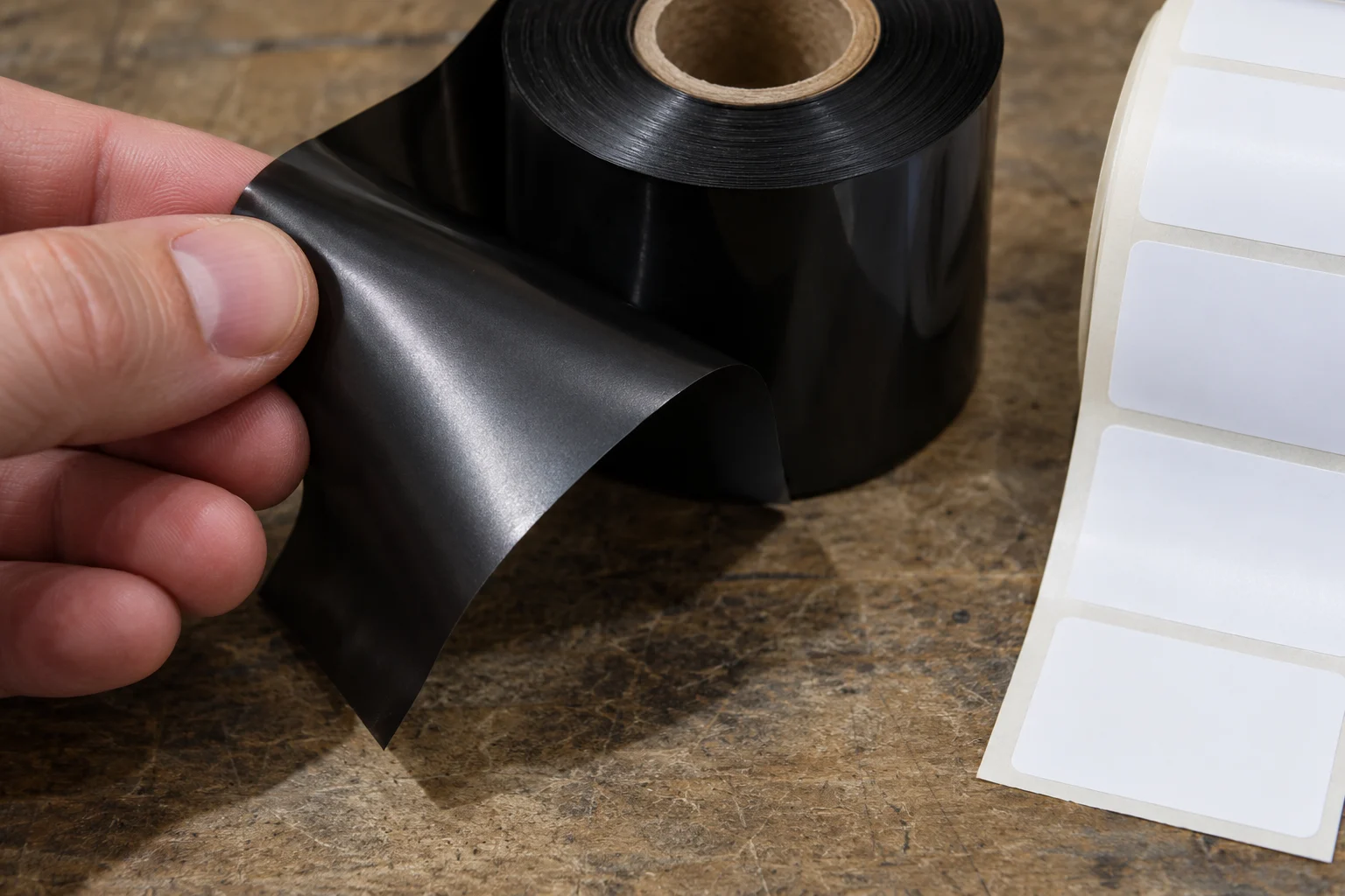 Detalhe de um filme de ribbon próximo de etiquetas em branco