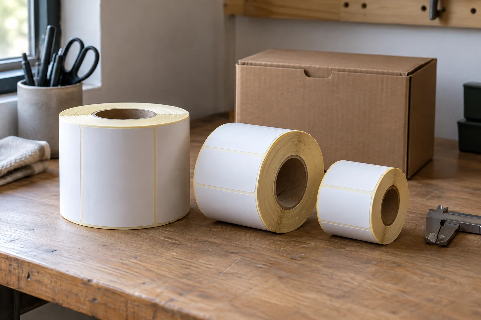 Rolos de etiquetas de tamanhos diferentes em uma bancada de trabalho.