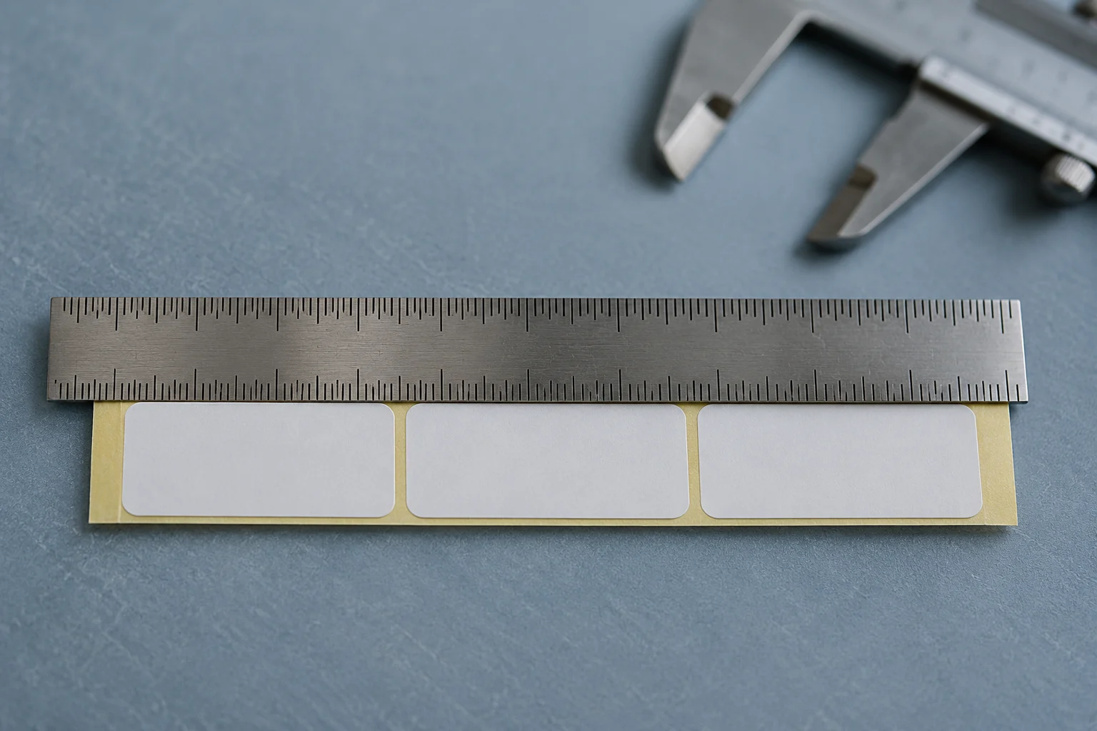 Faixa de etiquetas sobre liner ao lado de uma régua metálica.