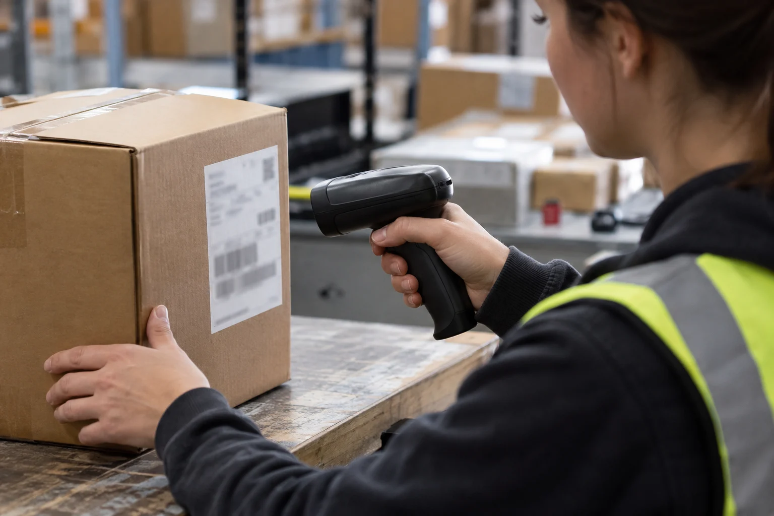 Uso de um leitor manual próximo à identificação de uma caixa na expedição