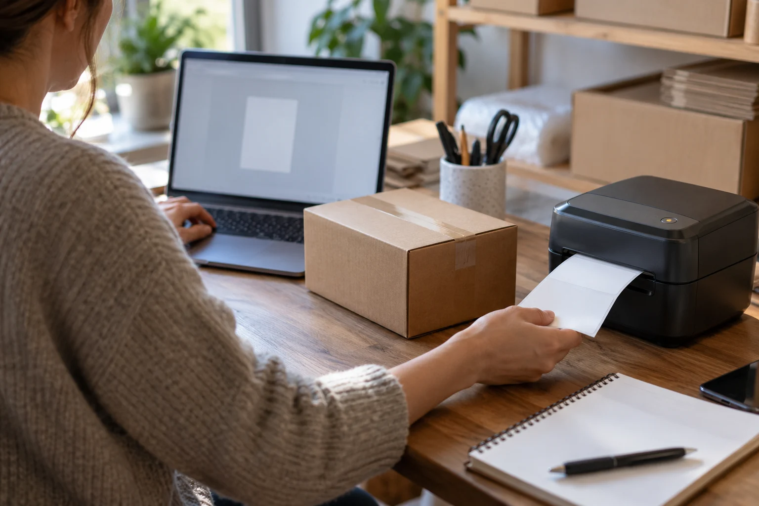 Preparação da impressão em um computador ao lado de uma impressora de etiquetas