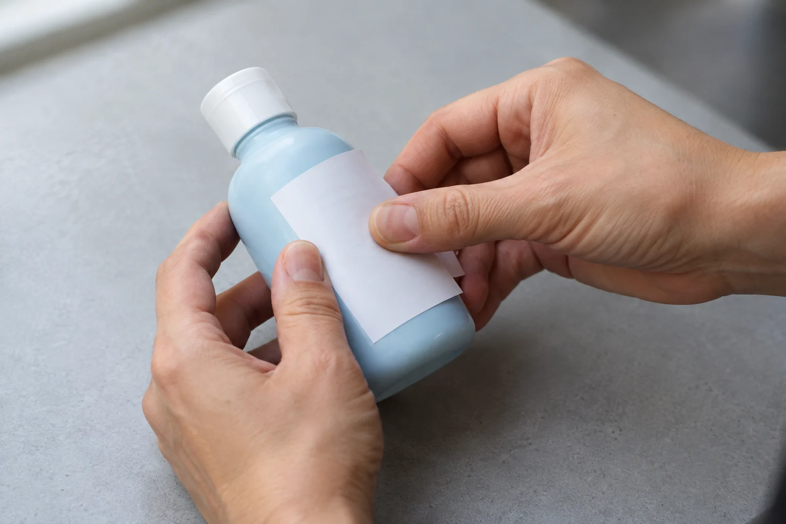 Aplicação manual de uma etiqueta sobre a face curva de um frasco plástico