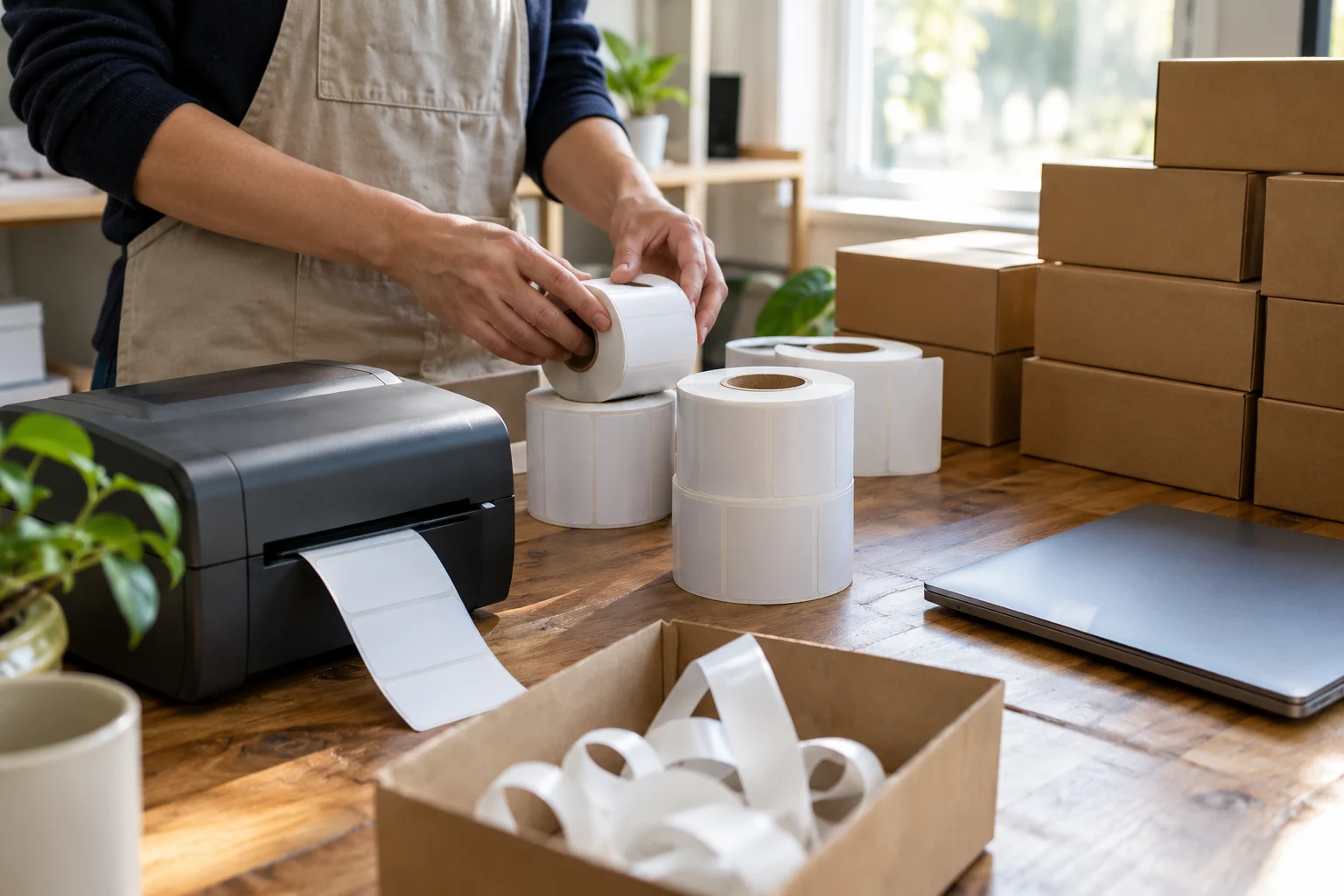Organização de rolos e materiais em uma bancada de embalagem