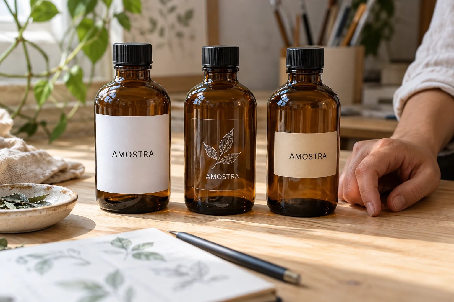 Frascos âmbar com diferentes apresentações de rótulos de amostra